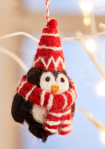 Handmade Festive Felt Penguin with Stripe Hat and Scarf