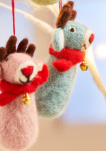 Load image into Gallery viewer, Handmade Festive Felt Reindeer Decoration with Bell and Scarf