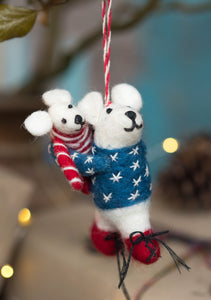Handmade Felt Mother and Baby Polar Bear Decoration