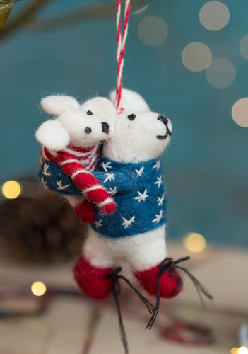 Handmade Felt Mother and Baby Polar Bear Decoration
