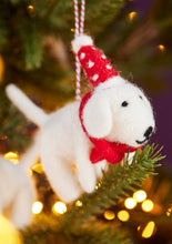 Load image into Gallery viewer, Handmade Felt Hanging Dog with Dotty Hat and Tie
