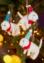 Load image into Gallery viewer, Handmade Felt Hanging Dog with Dotty Hat and Tie