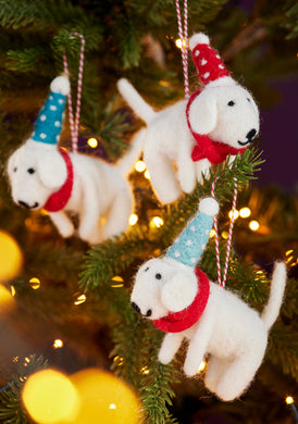 Handmade Felt Hanging Dog with Dotty Hat and Tie