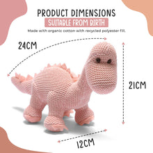 Load image into Gallery viewer, Knitted Organic Cotton Pink Diplodocus Dinosaur Baby Rattle