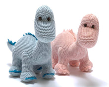 Load image into Gallery viewer, Knitted Organic Cotton Pink Diplodocus Dinosaur Baby Rattle