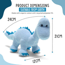 Load image into Gallery viewer, Knitted Organic Cotton Blue Diplodocus Dinosaur Baby Rattle