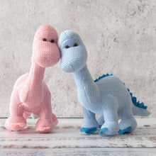 Load image into Gallery viewer, Knitted Organic Cotton Pink Diplodocus Dinosaur Baby Rattle