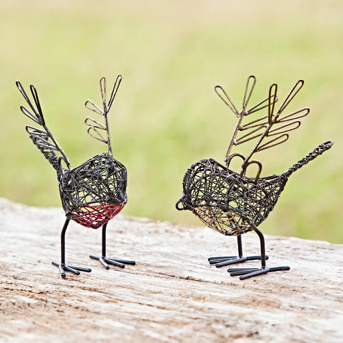 Set of Two Small Recycled Wire Winged Mini Robin Ornaments Fairtrade