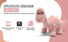 Load image into Gallery viewer, Knitted Organic Cotton Pink Diplodocus Dinosaur Baby Rattle