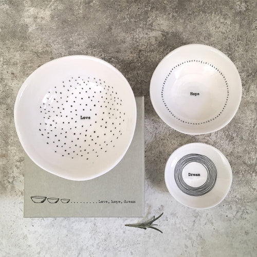 East of India Porcelain Dish Trio 'Love, hope, dream'