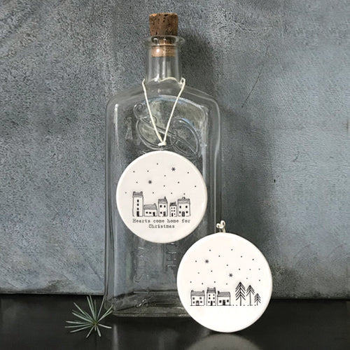 East Of India Hearts Come Home For Christmas Porcelain Flat Bauble