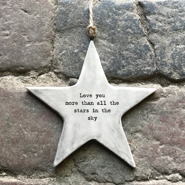 East of India Rustic Porcelain Hanging Star 'Love you more than all the stars in the sky'