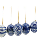 Load image into Gallery viewer, Set of Five Fairtrade Hanging Indigo Easter Decorations