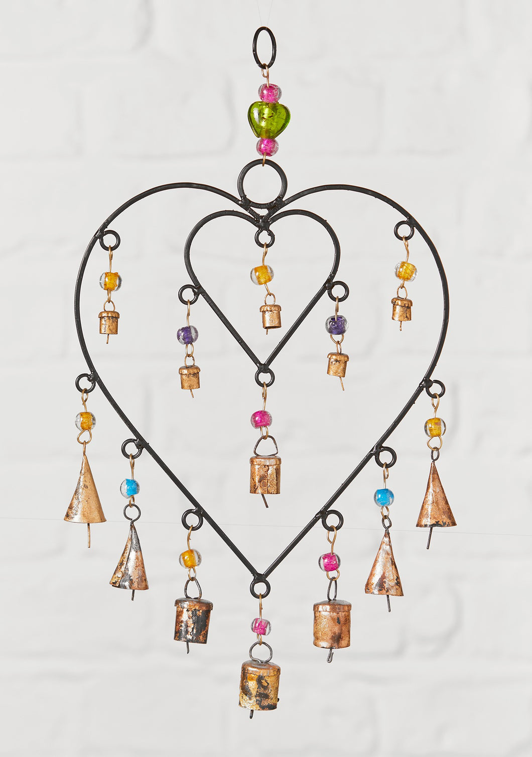 Double Connected Recycled Iron Heart Windchime with Beads
